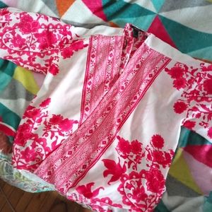 Boho Bell Sleeve White and Pink Oversized Floral Tunic